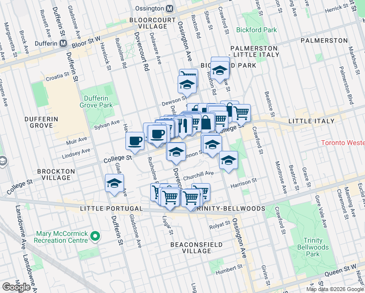 map of restaurants, bars, coffee shops, grocery stores, and more near 907 College Street in Toronto