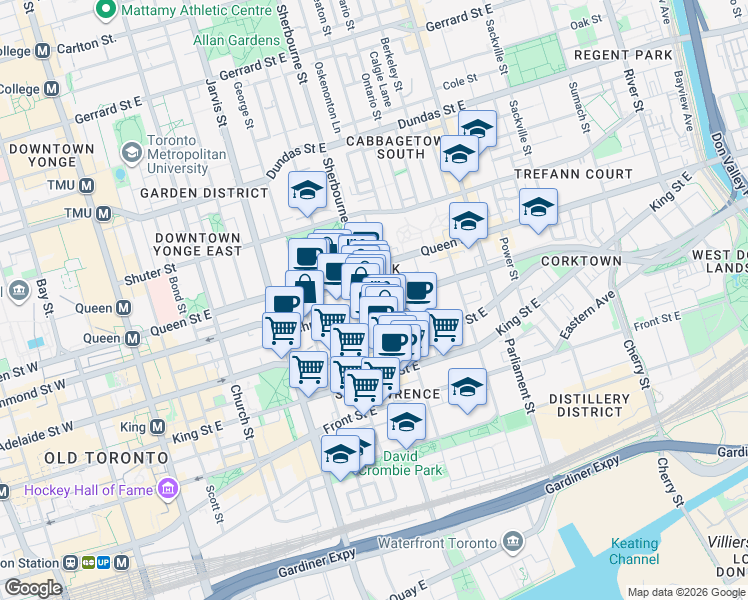 map of restaurants, bars, coffee shops, grocery stores, and more near 320 Richmond Street East in Toronto