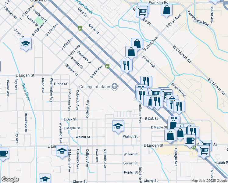 map of restaurants, bars, coffee shops, grocery stores, and more near 2112 Cleveland Boulevard in Caldwell