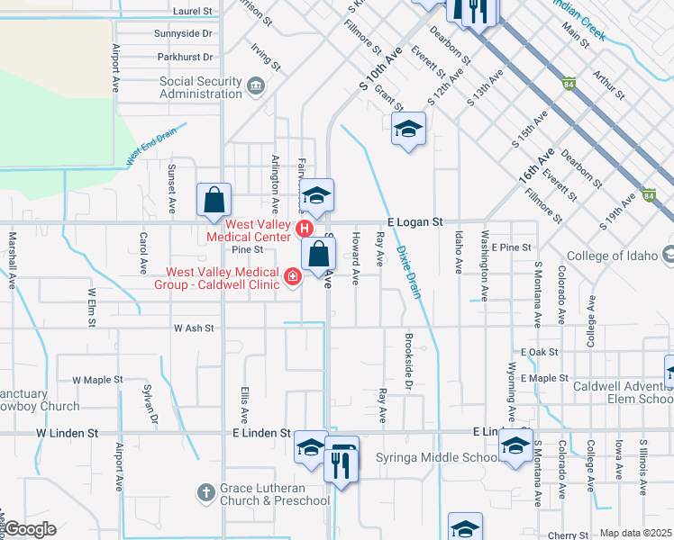 map of restaurants, bars, coffee shops, grocery stores, and more near 1905 South 10th Avenue in Caldwell