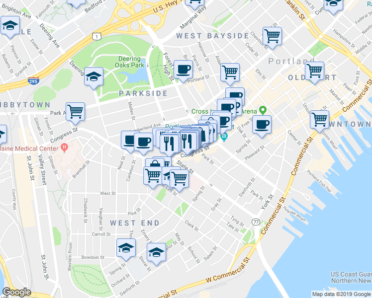 map of restaurants, bars, coffee shops, grocery stores, and more near 660 Congress Street in Portland