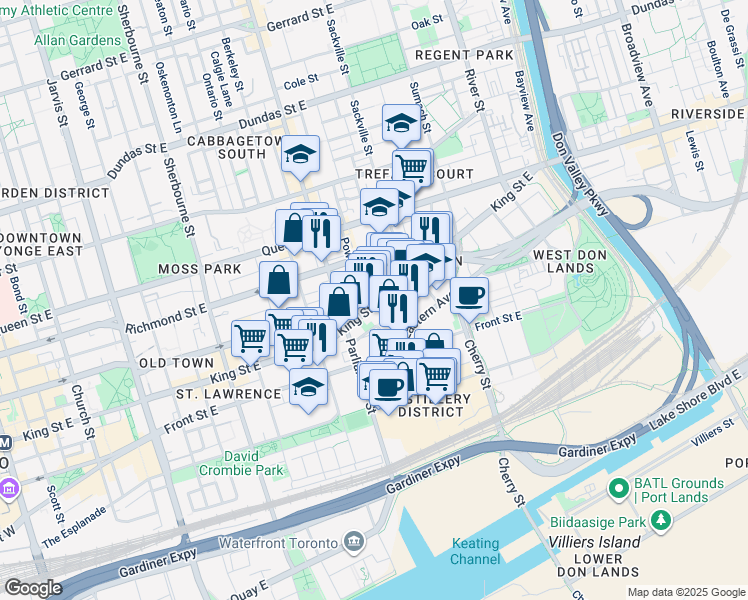 map of restaurants, bars, coffee shops, grocery stores, and more near in Toronto