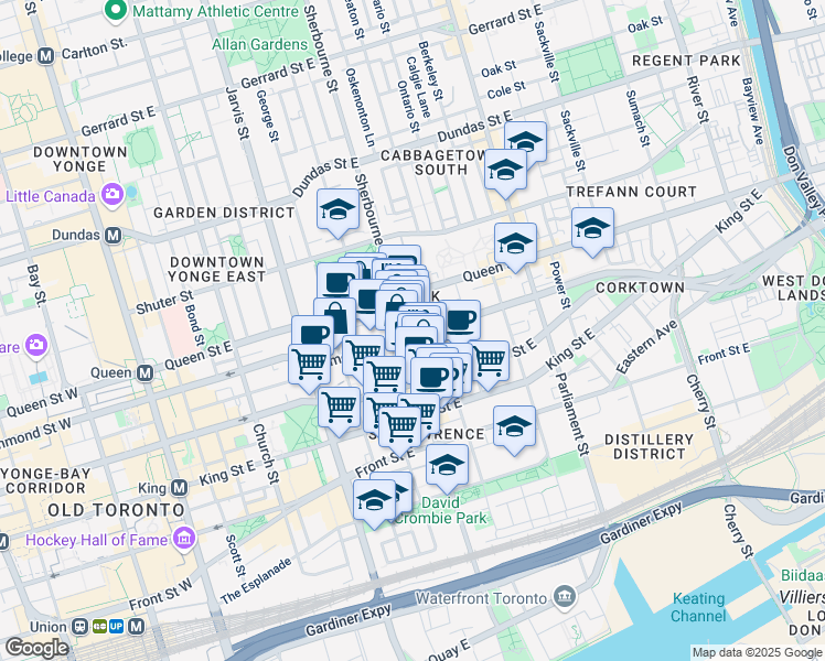 map of restaurants, bars, coffee shops, grocery stores, and more near 298 Richmond Street East in Toronto