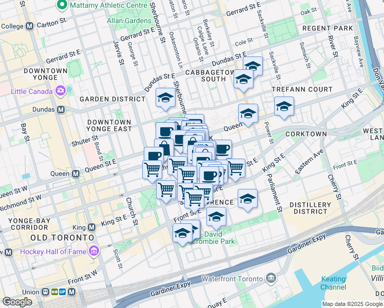 map of restaurants, bars, coffee shops, grocery stores, and more near 298 Richmond Street East in Toronto