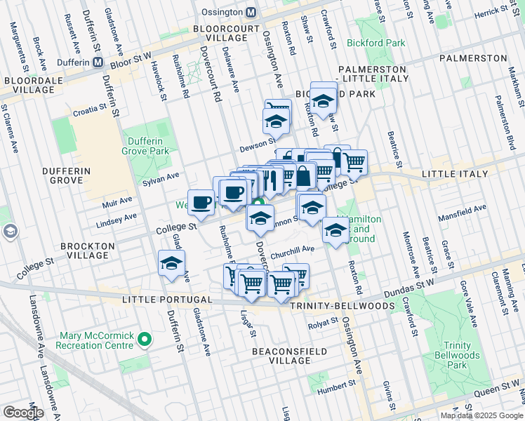 map of restaurants, bars, coffee shops, grocery stores, and more near in Toronto