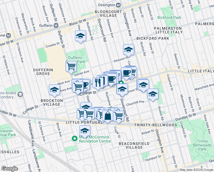 map of restaurants, bars, coffee shops, grocery stores, and more near in Toronto