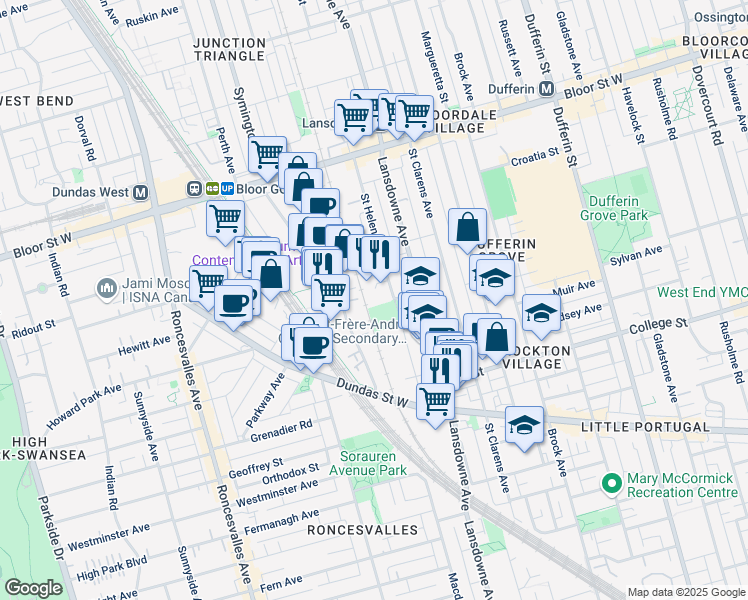 map of restaurants, bars, coffee shops, grocery stores, and more near 113 Sterling Road in Toronto