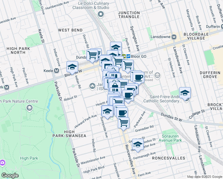 map of restaurants, bars, coffee shops, grocery stores, and more near 481 Roncesvalles Avenue in Toronto