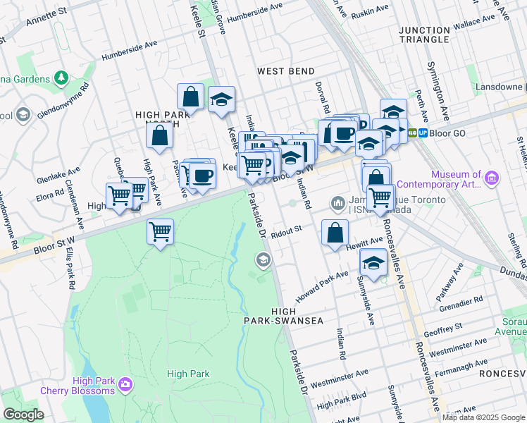 map of restaurants, bars, coffee shops, grocery stores, and more near 485 Parkside Drive in Toronto
