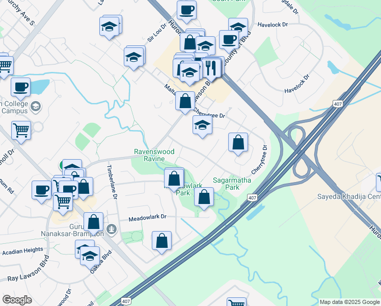 map of restaurants, bars, coffee shops, grocery stores, and more near 5 Rembrandt Crescent in Brampton