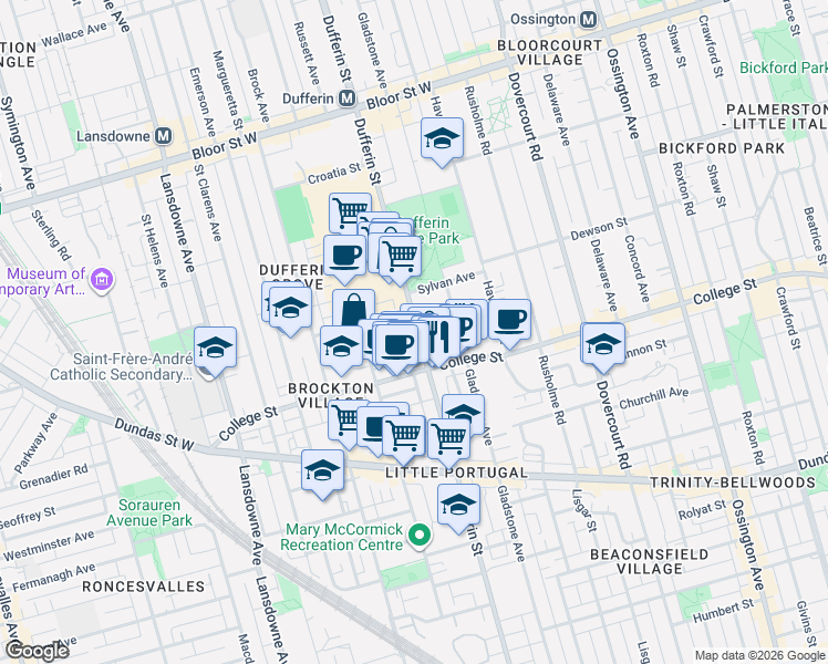map of restaurants, bars, coffee shops, grocery stores, and more near 60 Lindsey Avenue in Toronto