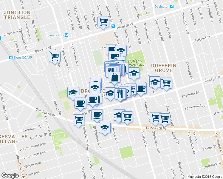 map of restaurants, bars, coffee shops, grocery stores, and more near 55 Muir Avenue in Toronto