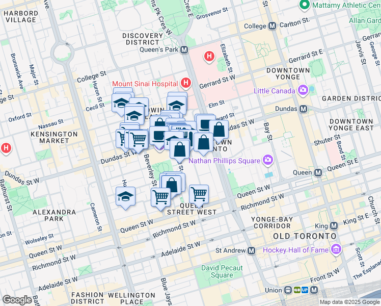 map of restaurants, bars, coffee shops, grocery stores, and more near Saint Patrick Street in Toronto