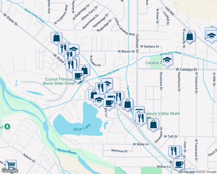 map of restaurants, bars, coffee shops, grocery stores, and more near 5131 West Stoker Lane in Boise