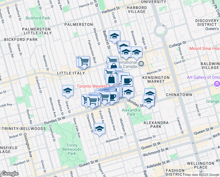map of restaurants, bars, coffee shops, grocery stores, and more near 208 Markham Street in Toronto