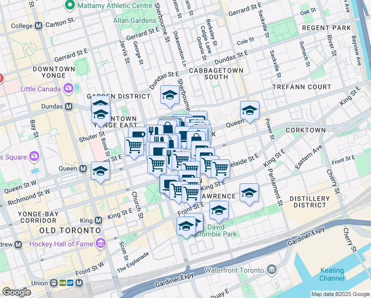 map of restaurants, bars, coffee shops, grocery stores, and more near in Toronto