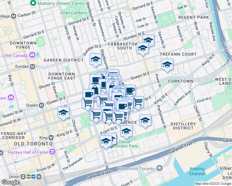 map of restaurants, bars, coffee shops, grocery stores, and more near 298 Richmond Street East in Toronto