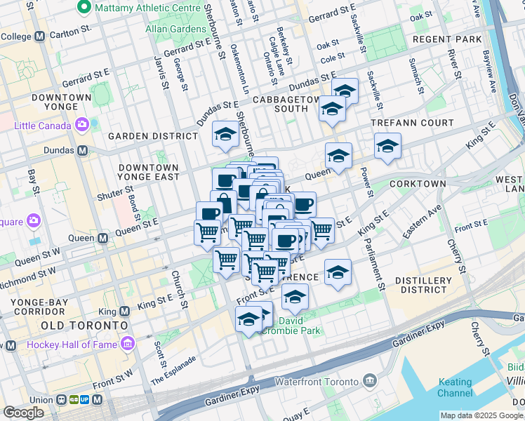 map of restaurants, bars, coffee shops, grocery stores, and more near 298 Richmond Street East in Toronto