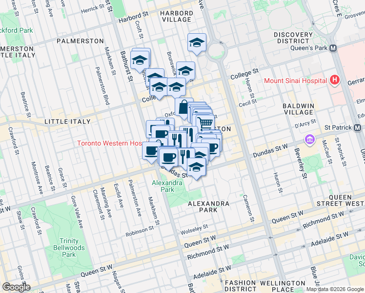 map of restaurants, bars, coffee shops, grocery stores, and more near in Toronto