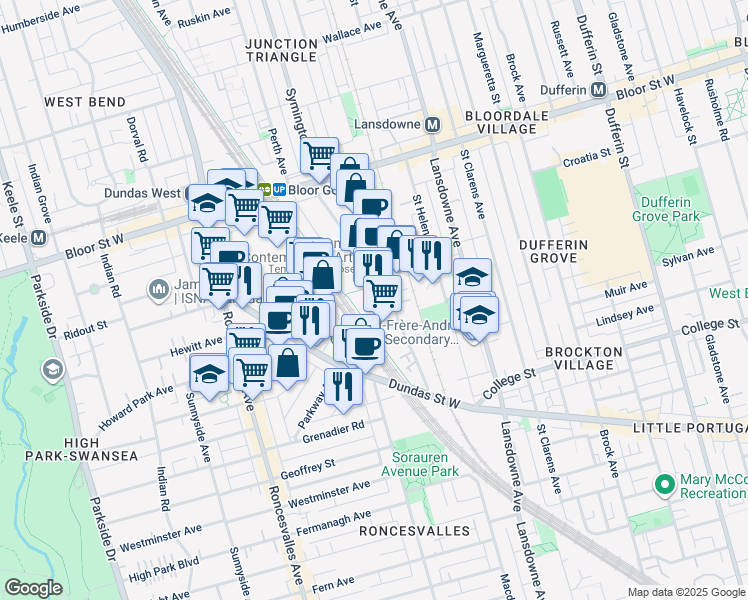 map of restaurants, bars, coffee shops, grocery stores, and more near 128A Sterling Road in Toronto