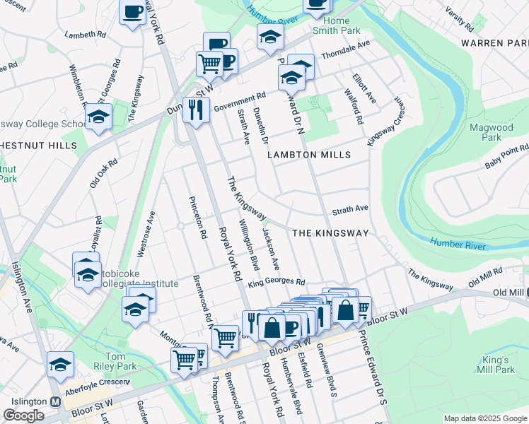 map of restaurants, bars, coffee shops, grocery stores, and more near 117 The Kingsway in Toronto