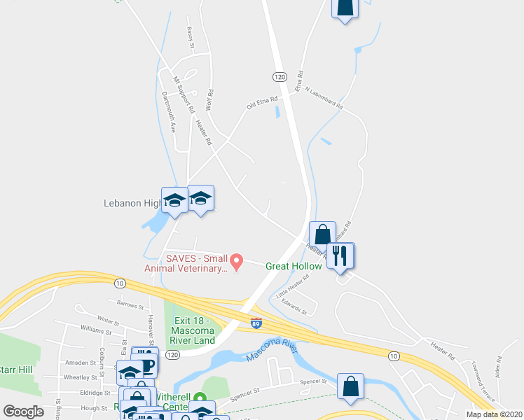 map of restaurants, bars, coffee shops, grocery stores, and more near 258 Heater Road in Lebanon