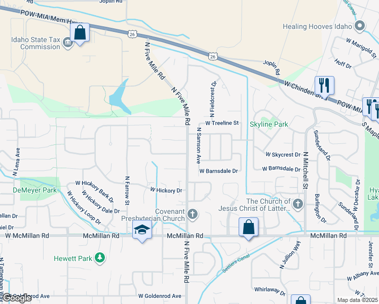 map of restaurants, bars, coffee shops, grocery stores, and more near 5376 North Five Mile Road in Boise