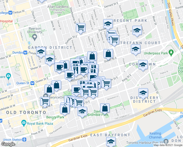 map of restaurants, bars, coffee shops, grocery stores, and more near 320 Richmond Street East in Toronto