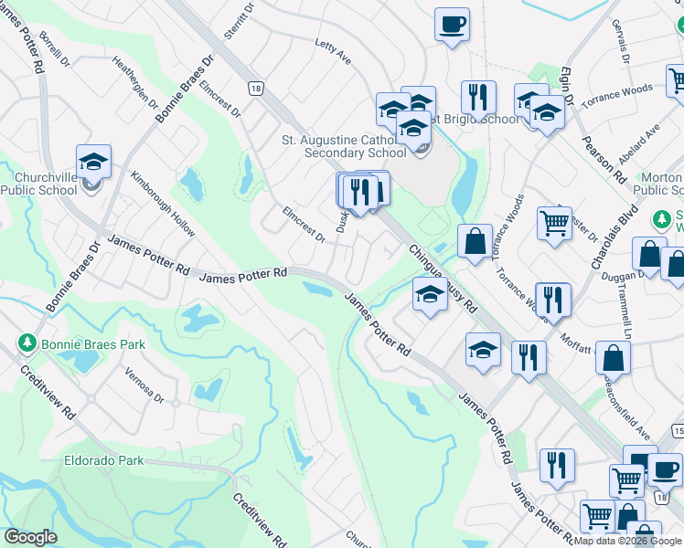 map of restaurants, bars, coffee shops, grocery stores, and more near 32 Aspen Hills Road in Brampton