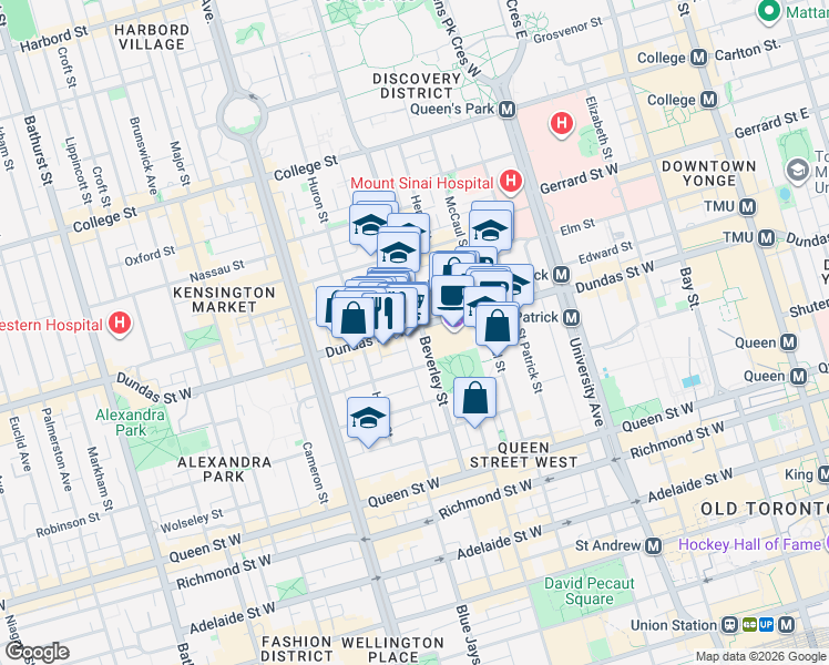 map of restaurants, bars, coffee shops, grocery stores, and more near 377 Dundas Street West in Toronto