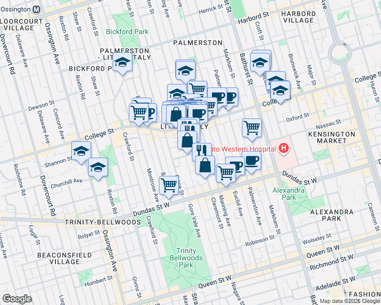 map of restaurants, bars, coffee shops, grocery stores, and more near 42 Mansfield Avenue in Toronto