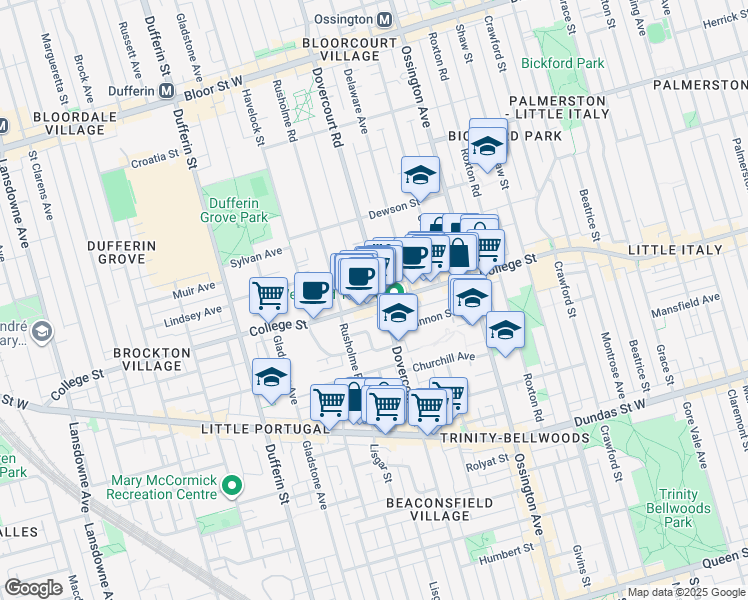 map of restaurants, bars, coffee shops, grocery stores, and more near 946 College Street in Toronto