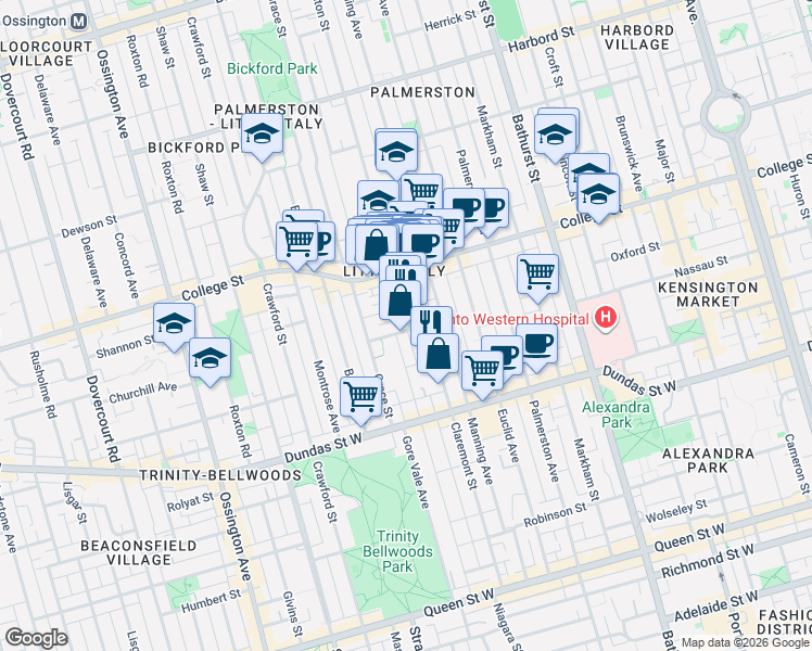 map of restaurants, bars, coffee shops, grocery stores, and more near 42 Mansfield Avenue in Toronto