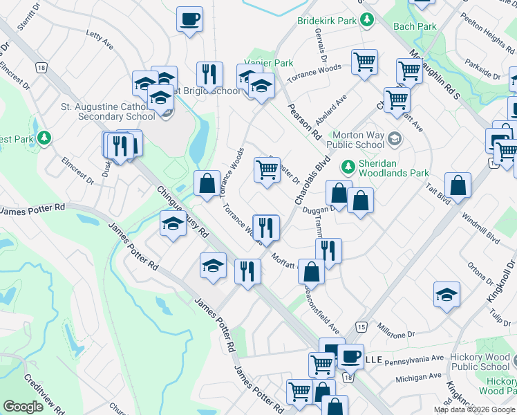 map of restaurants, bars, coffee shops, grocery stores, and more near 32 Faywood Drive in Brampton