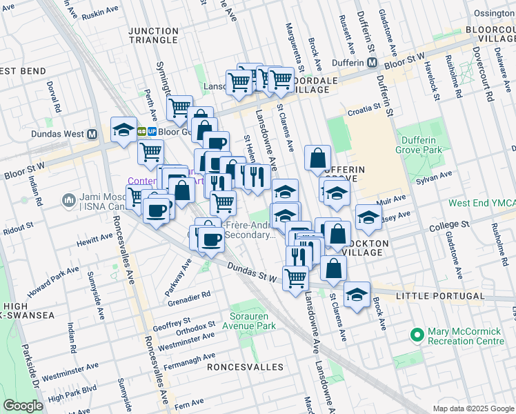map of restaurants, bars, coffee shops, grocery stores, and more near 113 Sterling Road in Toronto