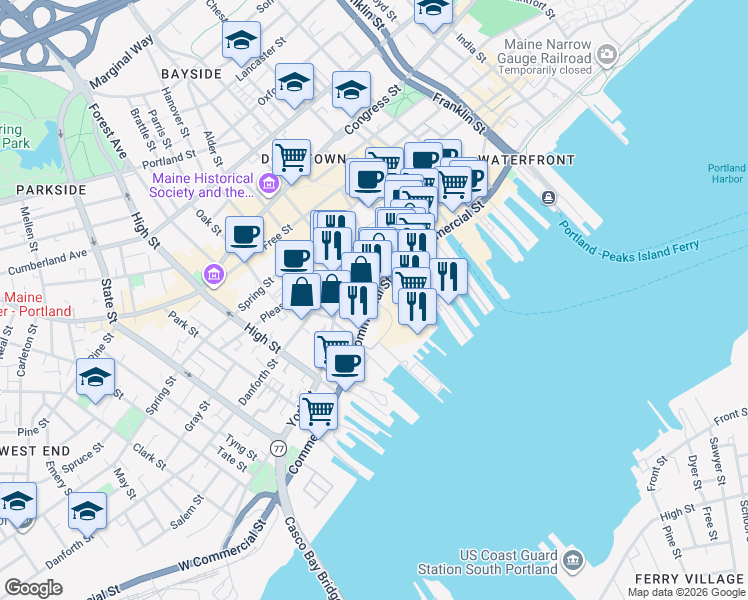 map of restaurants, bars, coffee shops, grocery stores, and more near Commercial St & Center St in Portland