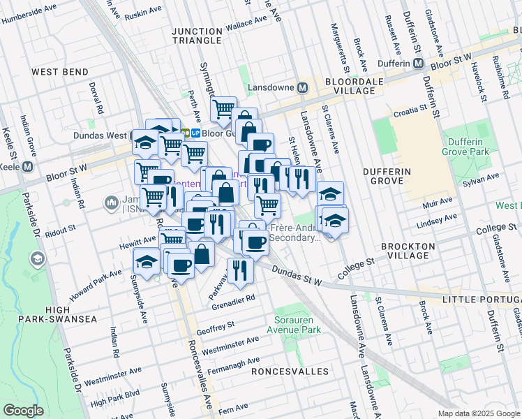 map of restaurants, bars, coffee shops, grocery stores, and more near 128a Sterling Road in Toronto