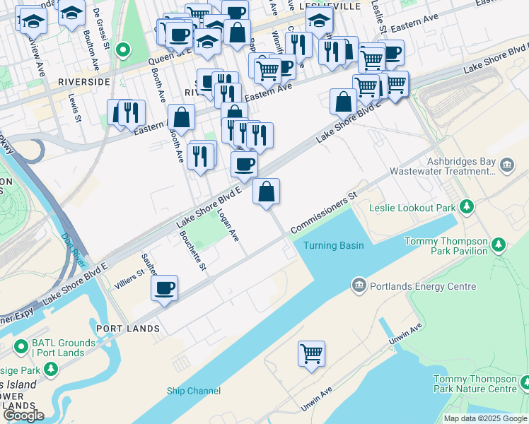 map of restaurants, bars, coffee shops, grocery stores, and more near 2 Carlaw Avenue in Toronto