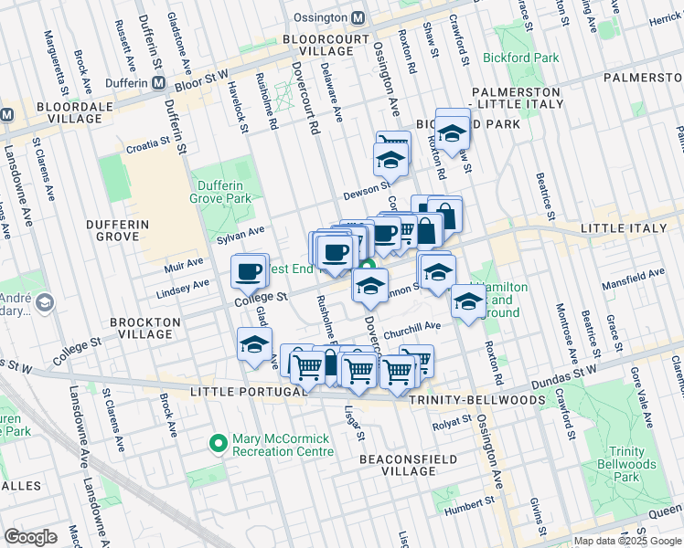 map of restaurants, bars, coffee shops, grocery stores, and more near 954 College Street in Toronto