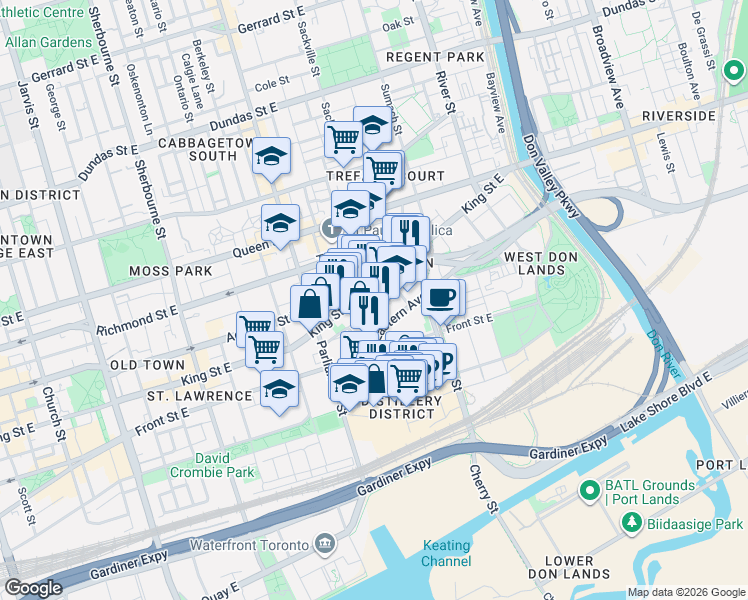 map of restaurants, bars, coffee shops, grocery stores, and more near 13 Gilead Place in Toronto