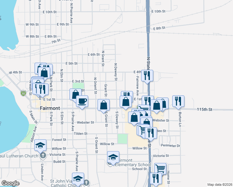 map of restaurants, bars, coffee shops, grocery stores, and more near 724 East 1st Street in Fairmont