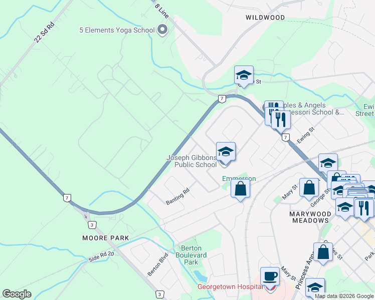 map of restaurants, bars, coffee shops, grocery stores, and more near 89 Joycelyn Crescent in Halton Hills