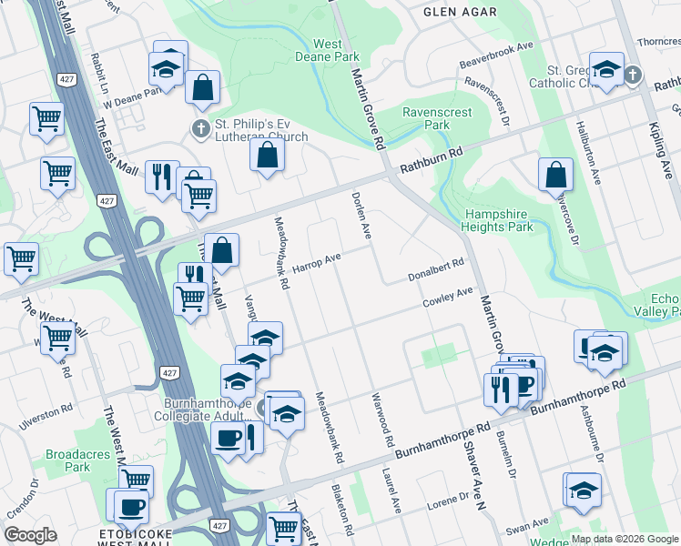 map of restaurants, bars, coffee shops, grocery stores, and more near 111 Warwood Road in Toronto