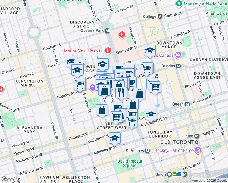 map of restaurants, bars, coffee shops, grocery stores, and more near 121 Saint Patrick Street in Toronto