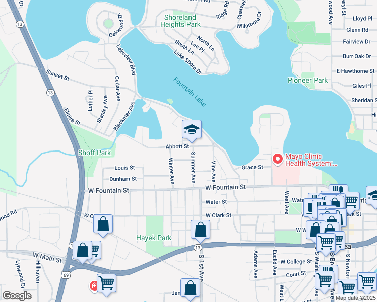 map of restaurants, bars, coffee shops, grocery stores, and more near 325 Summer Avenue in Albert Lea