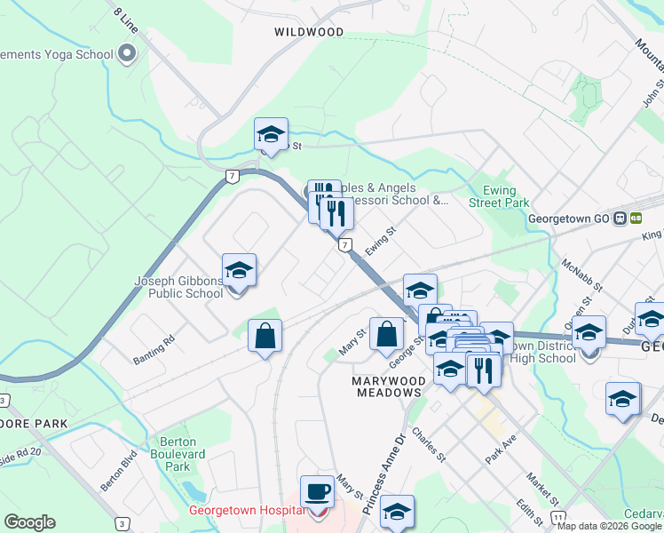 map of restaurants, bars, coffee shops, grocery stores, and more near Renfrew Lane in Halton Hills