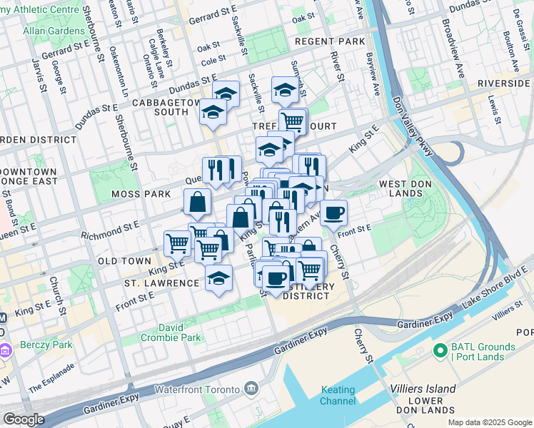 map of restaurants, bars, coffee shops, grocery stores, and more near in Toronto