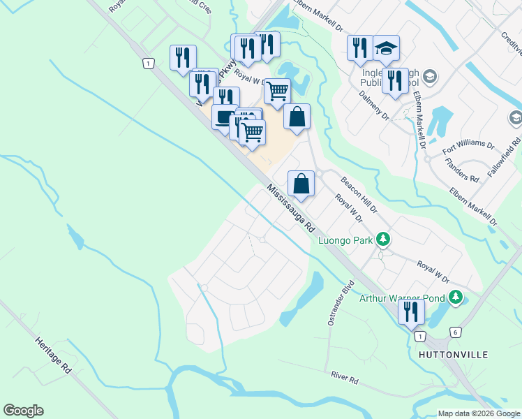 map of restaurants, bars, coffee shops, grocery stores, and more near 18 Settlers Field Road in Brampton