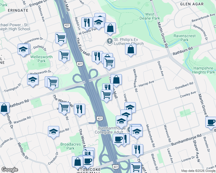 map of restaurants, bars, coffee shops, grocery stores, and more near 580 The East Mall in Toronto