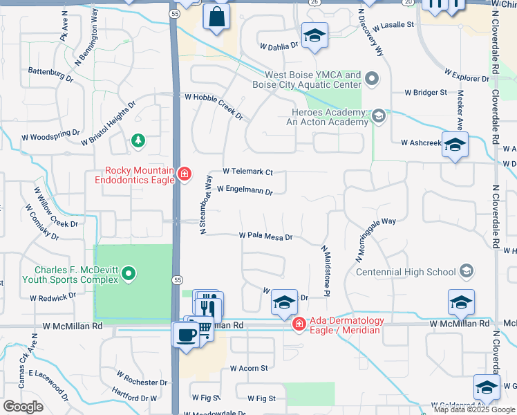 map of restaurants, bars, coffee shops, grocery stores, and more near 5289 North Troon Place in Boise